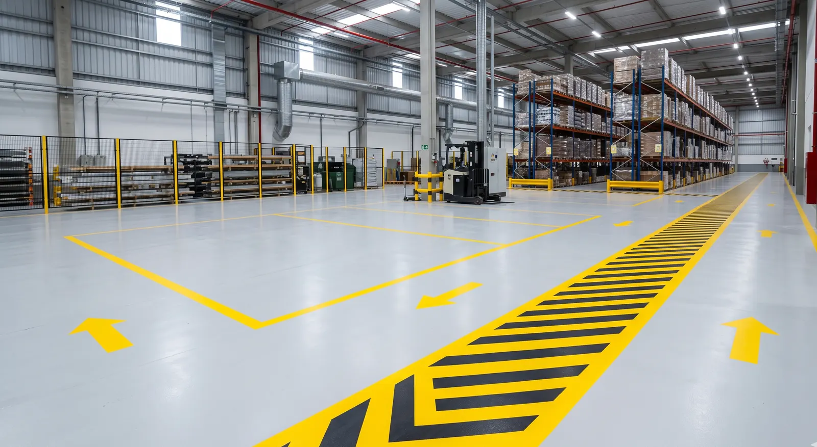 Ambiente industrial com demarcação de solo em amarelo e preto