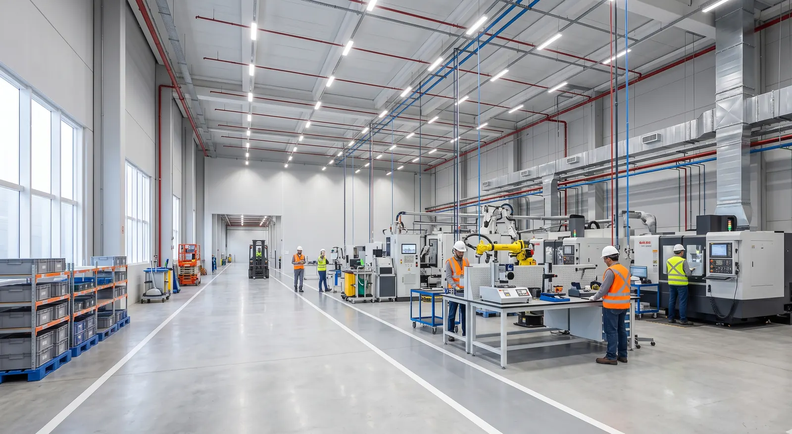 Galpão industrial moderno com áreas organizadas e circulação demarcada