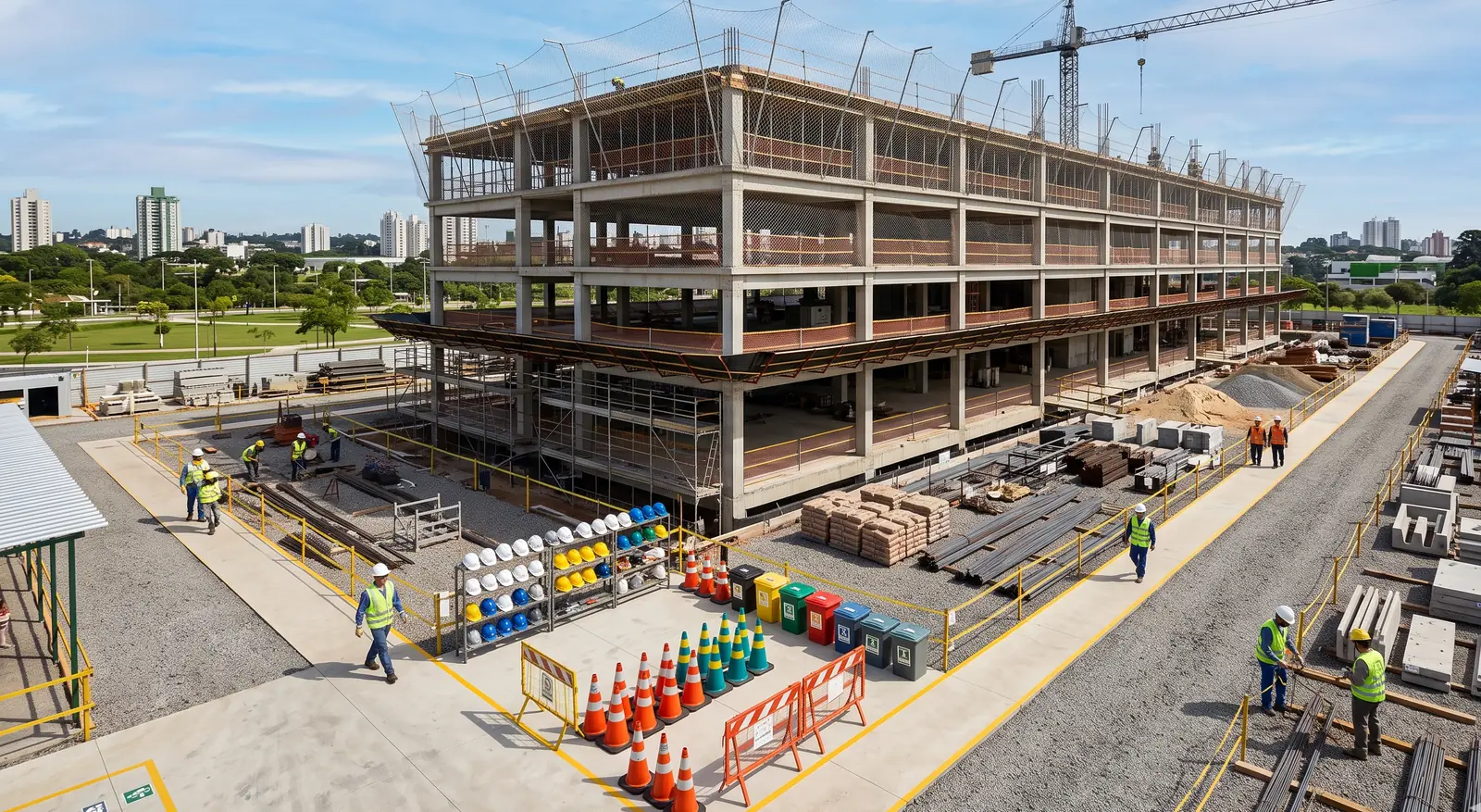 Canteiro de obras organizado com áreas de circulação e materiais
